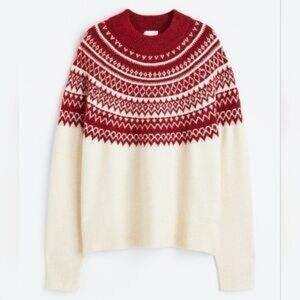 NWT H&M Red and Cream Fair Isle Crewneck Sweater, Wool blend, Medium